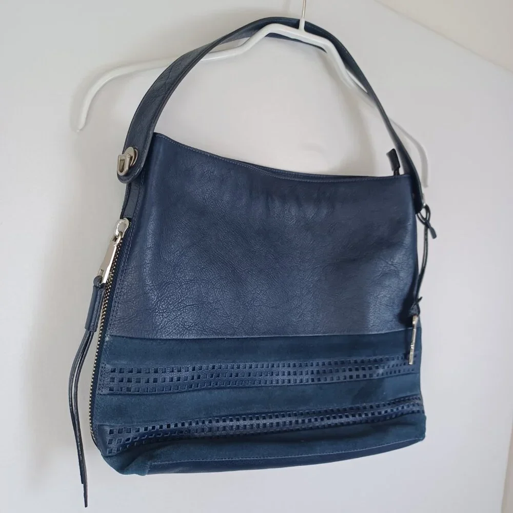 Fossil Bag Navy Blue Leather and Suede Zip Top‎ Hobo Shoulder Bucket Bag